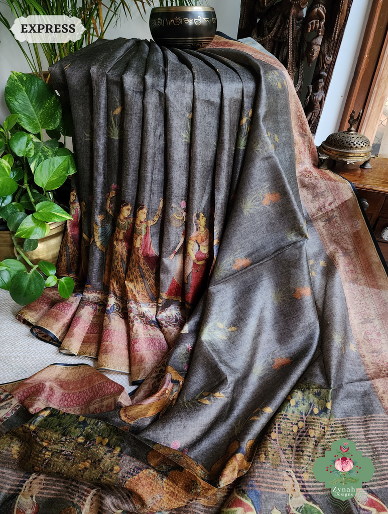 Grey Pure Tussar Silk Saree With Pichwai Print 3