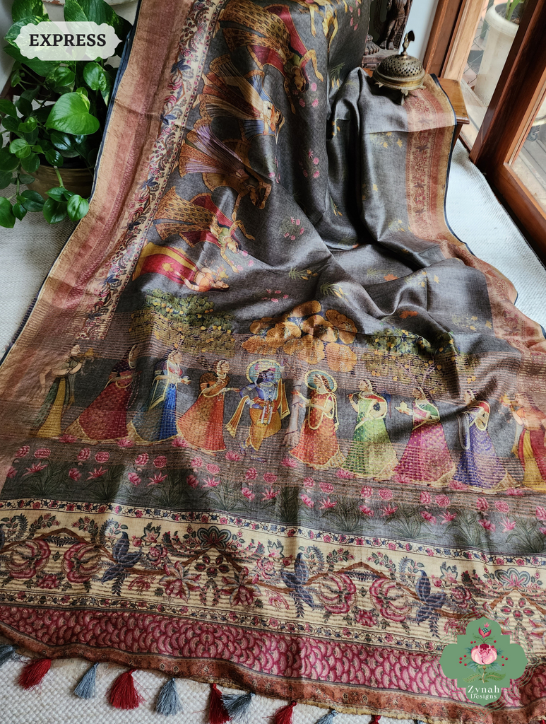 Grey Pure Tussar Silk Saree With Pichwai Print 4