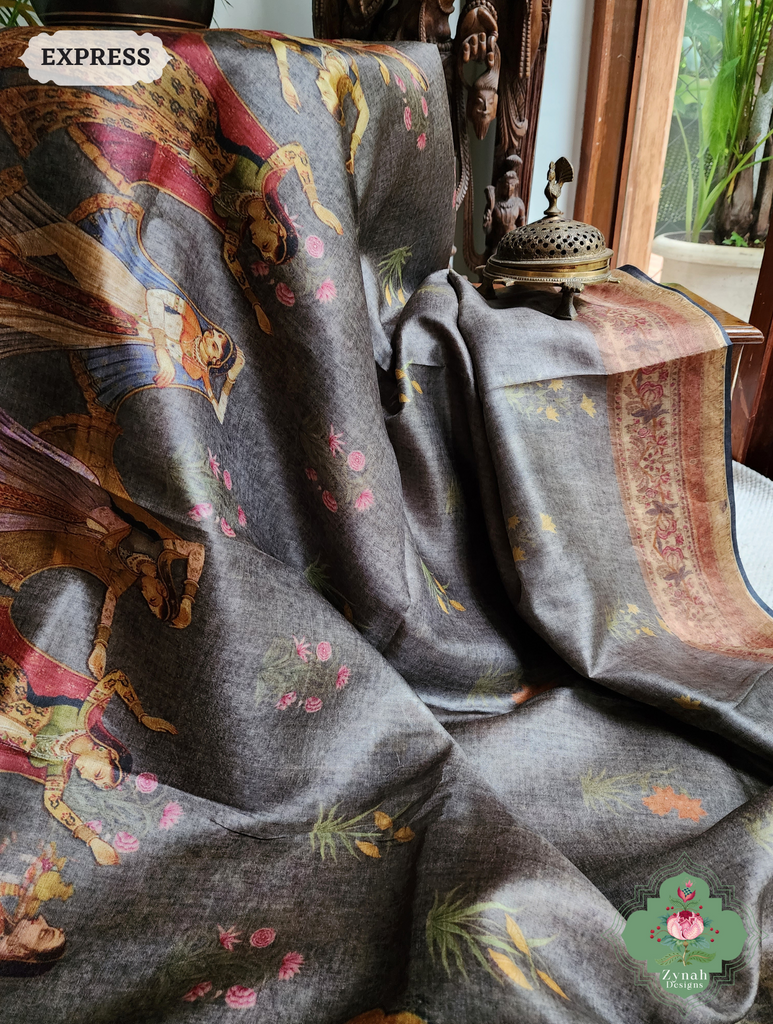 Grey Pure Tussar Silk Saree With Pichwai Print 5