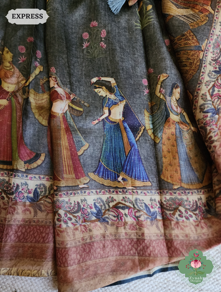 Grey Pure Tussar Silk Saree With Pichwai Print 6