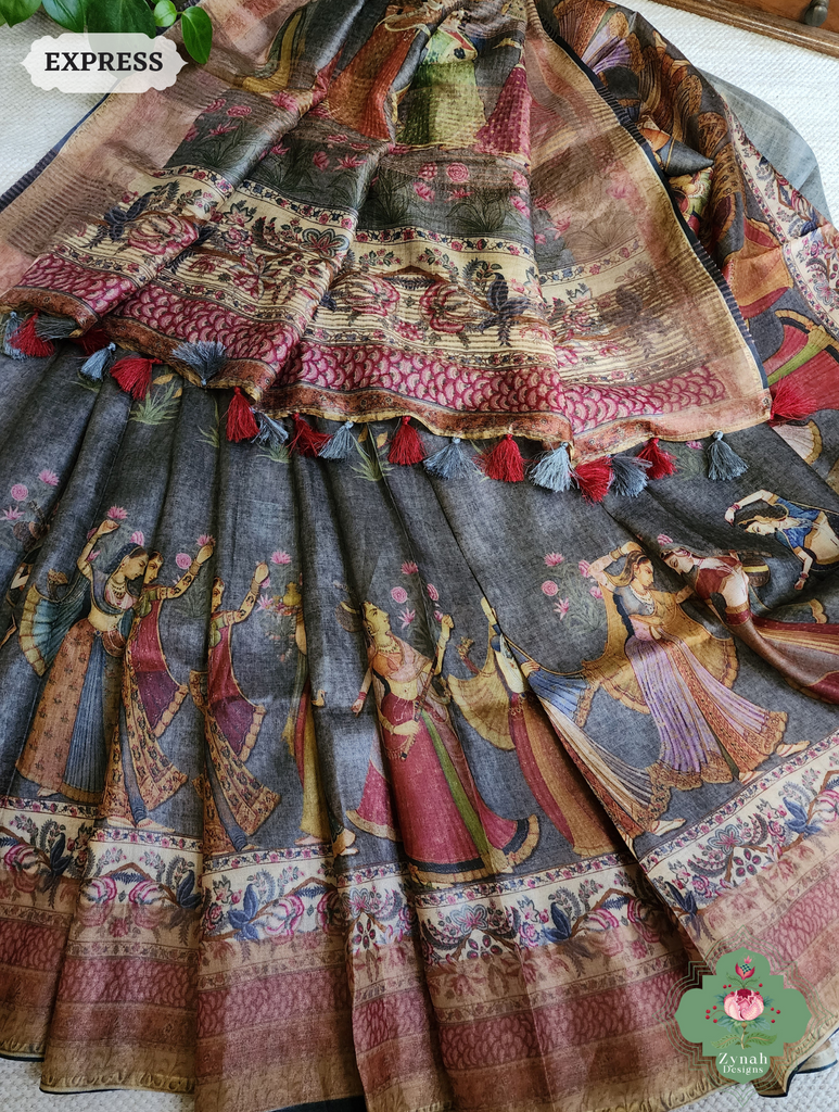 Grey Pure Tussar Silk Saree With Pichwai Print 7