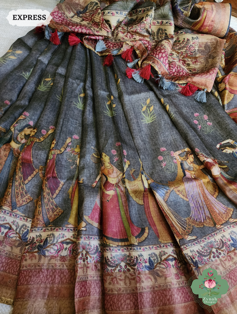 Grey Pure Tussar Silk Saree With Pichwai Print 8