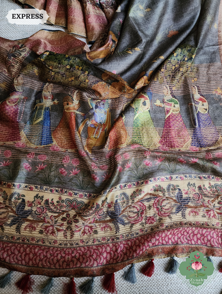 Grey Pure Tussar Silk Saree With Pichwai Print 9