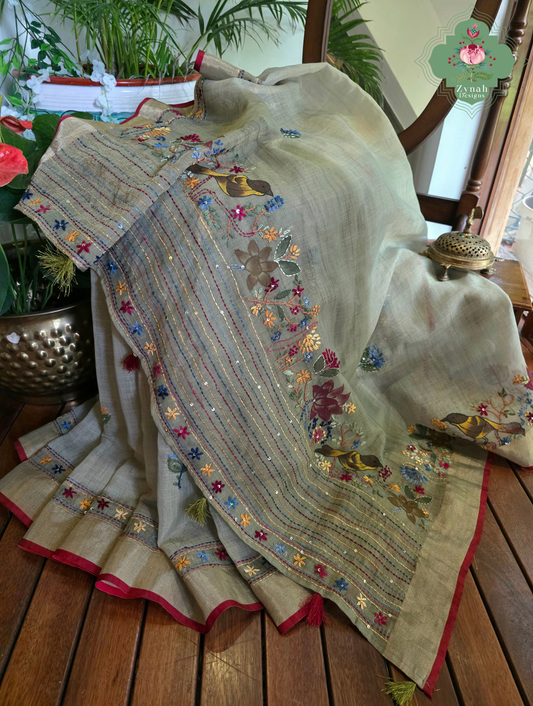 Gunjan | Hand Painted Earthy Green Linen Tissue Saree With Hand Embroidery