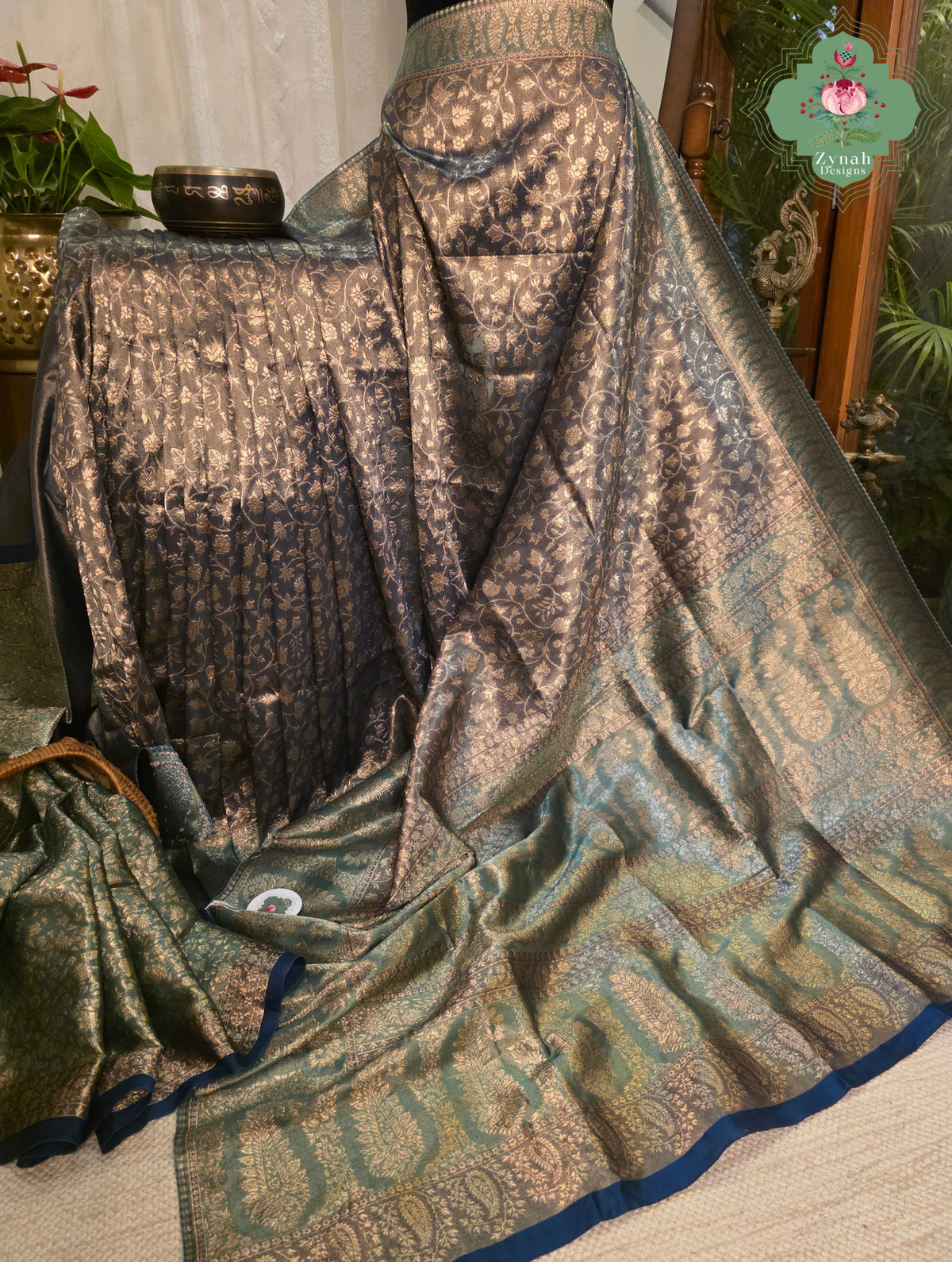 Hema | Dark Brown Kashmiri Pure Kani Tissue Silk Jamavar Weave Saree | Made To Order