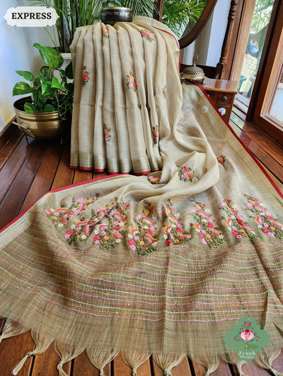 Zynah Henna Green Linen Tissue Saree Adorned With French-knot & Kantha Hand Embroidery; Custom Stitched/Ready-made Blouse, Fall, Petticoat; SKU: 1903202506