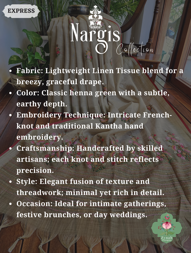 Zynah Henna Green Linen Tissue Saree Adorned With French-knot & Kantha Hand Embroidery; Custom Stitched/Ready-made Blouse, Fall, Petticoat; SKU: 1903202506