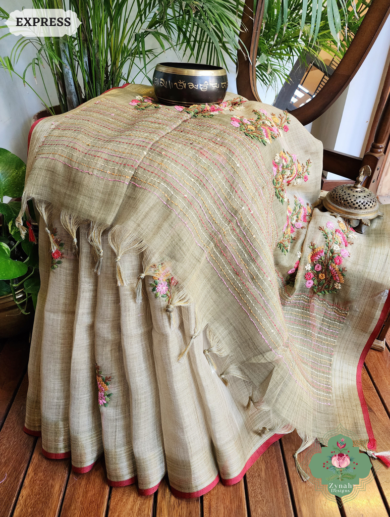Zynah Henna Green Linen Tissue Saree Adorned With French-knot & Kantha Hand Embroidery; Custom Stitched/Ready-made Blouse, Fall, Petticoat; SKU: 1903202506