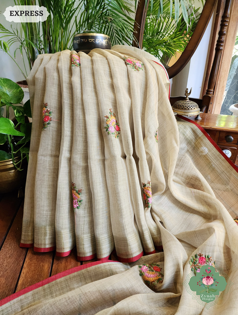 Zynah Henna Green Linen Tissue Saree Adorned With French-knot & Kantha Hand Embroidery; Custom Stitched/Ready-made Blouse, Fall, Petticoat; SKU: 1903202506