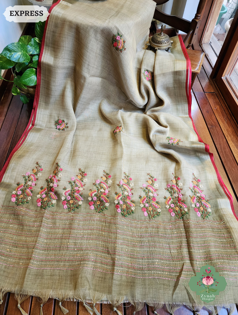 Zynah Henna Green Linen Tissue Saree Adorned With French-knot & Kantha Hand Embroidery; Custom Stitched/Ready-made Blouse, Fall, Petticoat; SKU: 1903202506