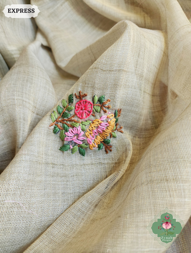 Zynah Henna Green Linen Tissue Saree Adorned With French-knot & Kantha Hand Embroidery; Custom Stitched/Ready-made Blouse, Fall, Petticoat; SKU: 1903202506