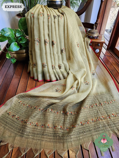 Zynah Henna Green Linen Tissue Saree Adorned With French-knot & Kantha Hand Embroidery; Custom Stitched/Ready-made Blouse, Fall, Petticoat; SKU: 1903202507