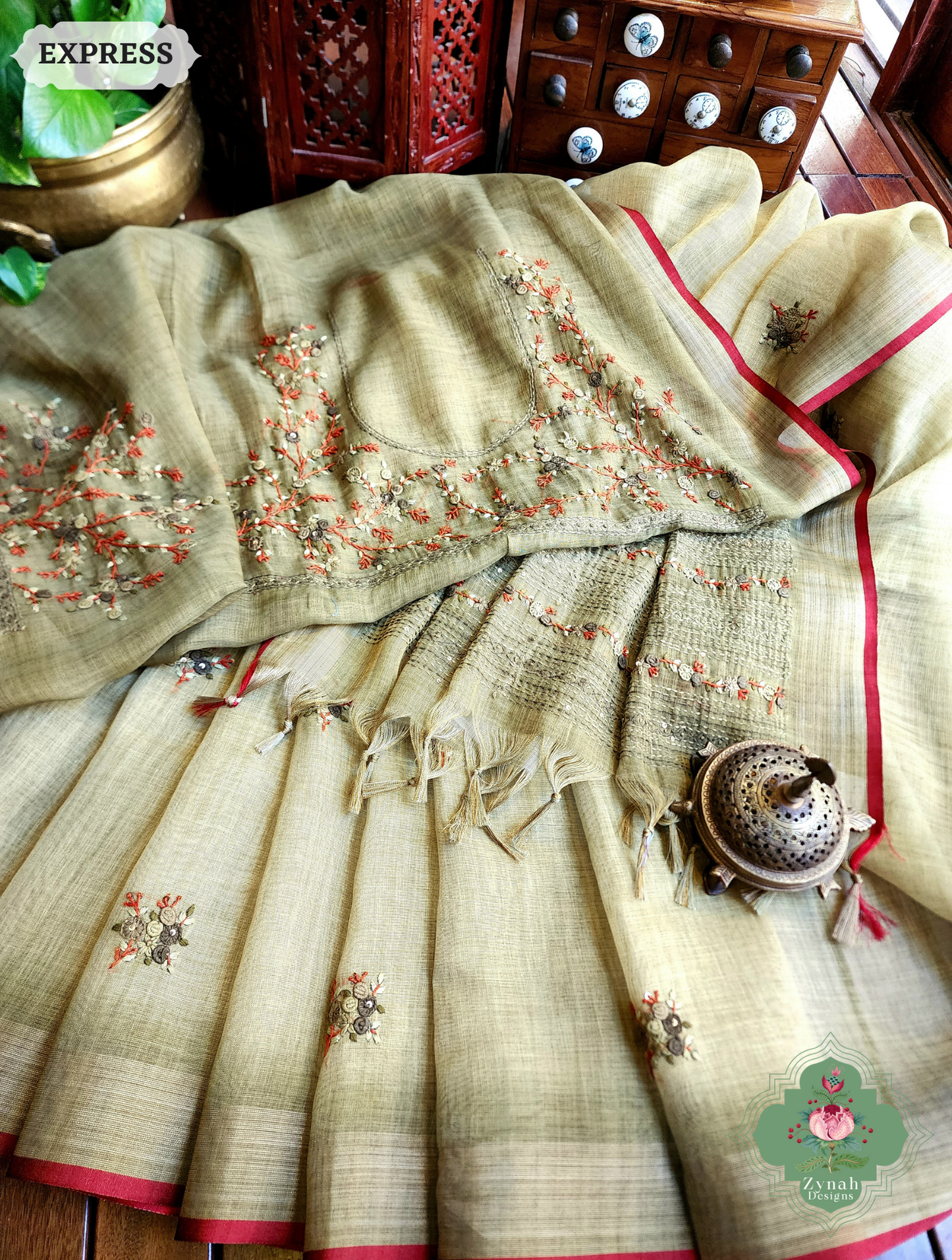 Zynah Henna Green Linen Tissue Saree Adorned With French-knot & Kantha Hand Embroidery; Custom Stitched/Ready-made Blouse, Fall, Petticoat; SKU: 1903202507