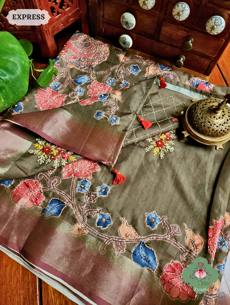 Henna Green Jute Linen Saree, Kalamkari Pallu With Kantha Work, All Over Frenchknot Embroidery Butis