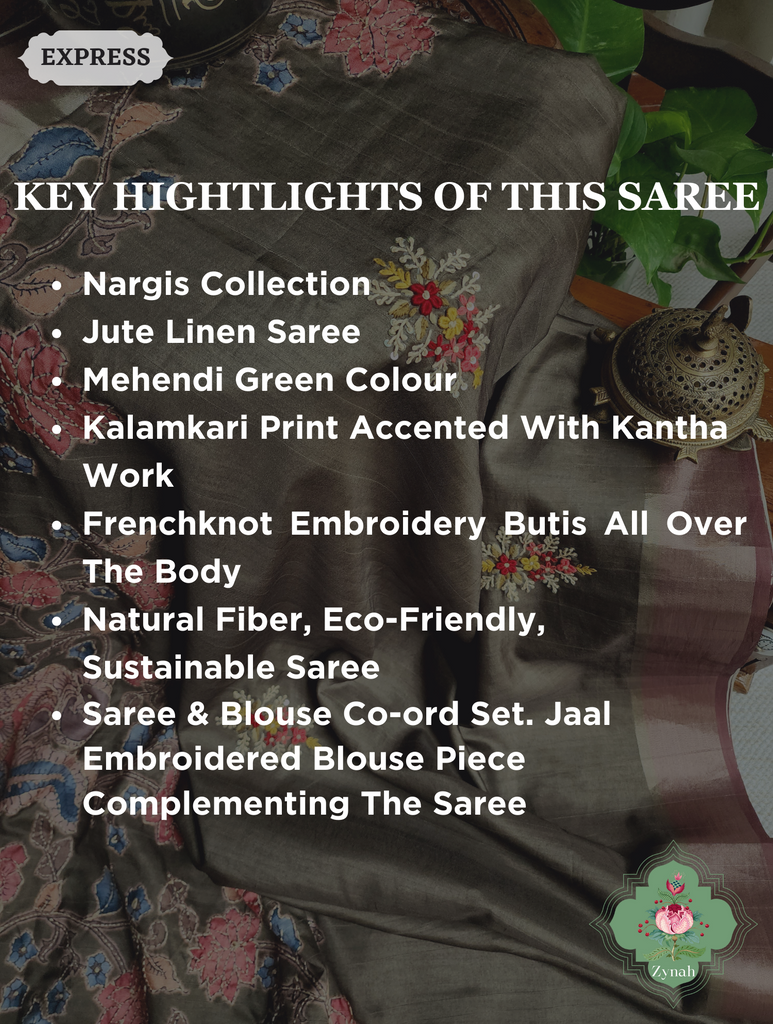 Henna Green Jute Linen Saree, Kalamkari Pallu With Kantha Work, All Over Frenchknot Embroidery Butis