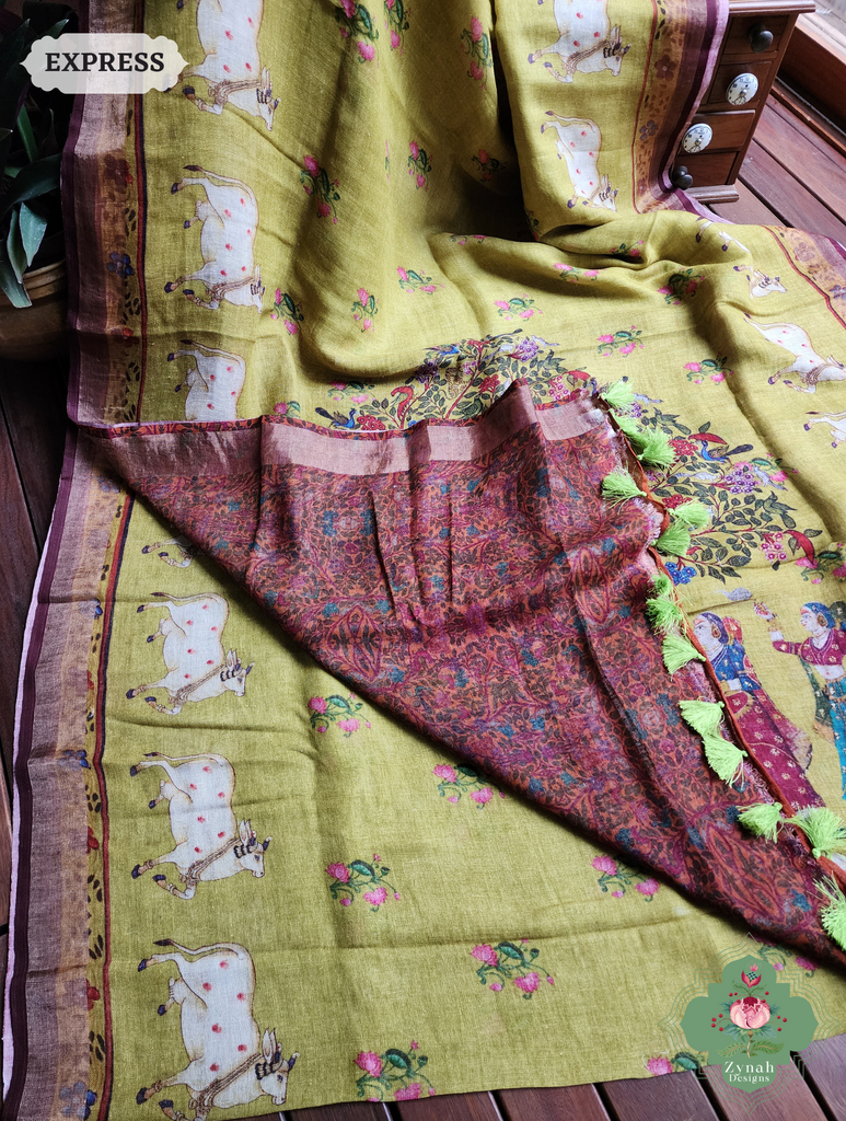 Zynah Henna Green Organic Linen Saree With Pichwai Print; Custom Stitched/Ready-made Blouse, Fall, Petticoat; SKU: 1006202301