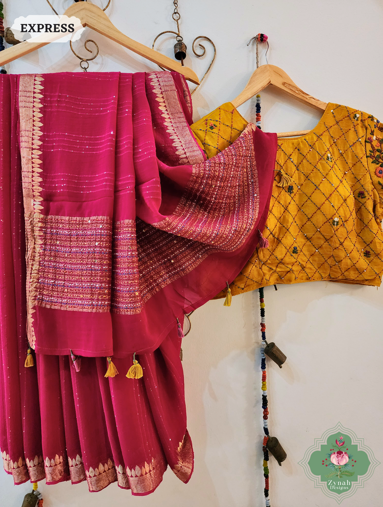 Hot Pink Crepe Silk Saree With Sequins Work, Sleek Border & Kantha Work On Pallu 10