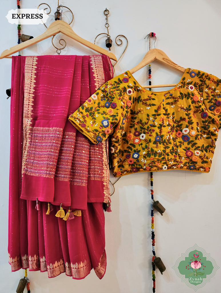 Hot Pink Crepe Silk Saree With Sequins Work, Sleek Border & Kantha Work On Pallu 11