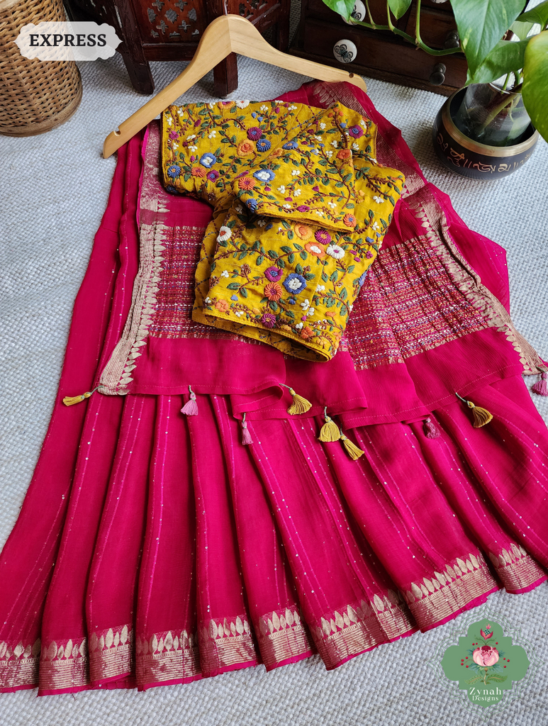 Hot Pink Crepe Silk Saree With Sequins Work, Sleek Border & Kantha Work On Pallu 1