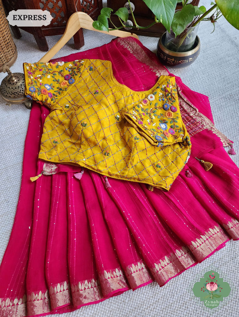 Hot Pink Crepe Silk Saree With Sequins Work, Sleek Border & Kantha Work On Pallu 3