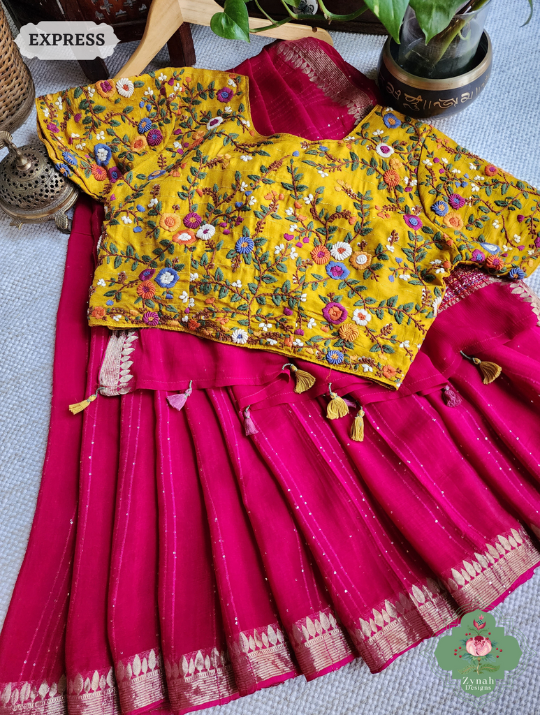 Hot Pink Crepe Silk Saree With Sequins Work, Sleek Border & Kantha Work On Pallu 4
