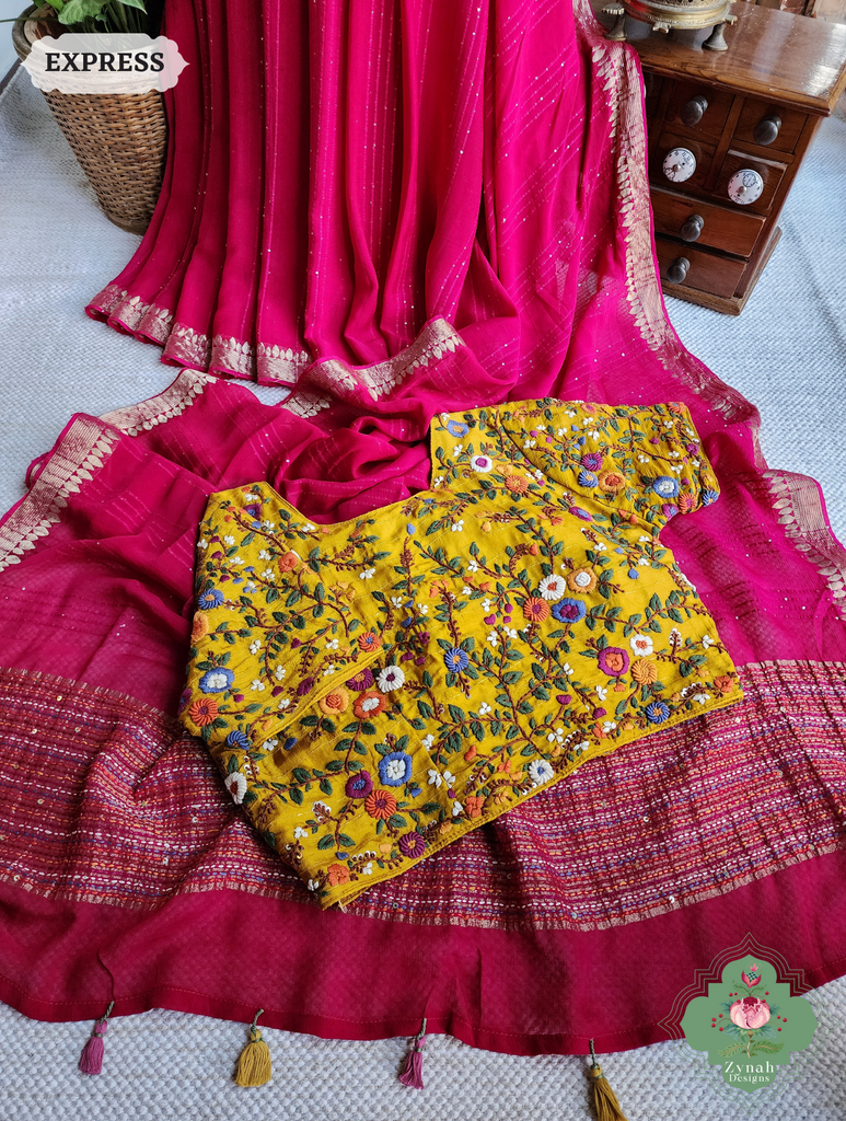 Hot Pink Crepe Silk Saree With Sequins Work, Sleek Border & Kantha Work On Pallu 5