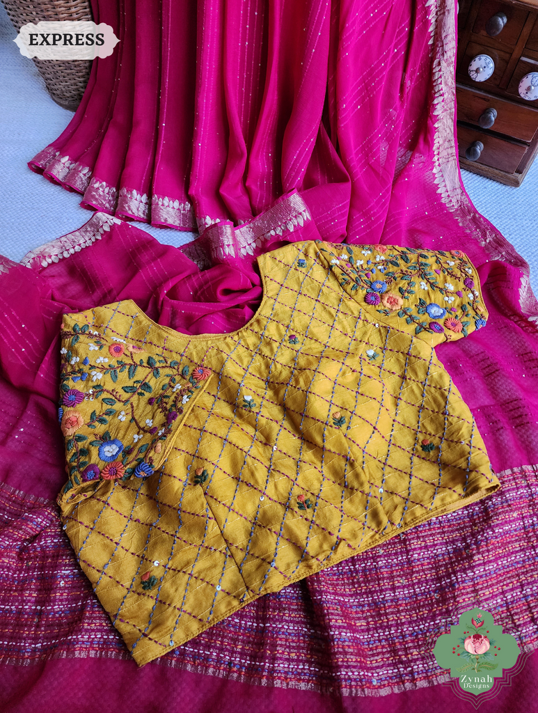 vHot Pink Crepe Silk Saree With Sequins Work, Sleek Border & Kantha Work On Pallu 6