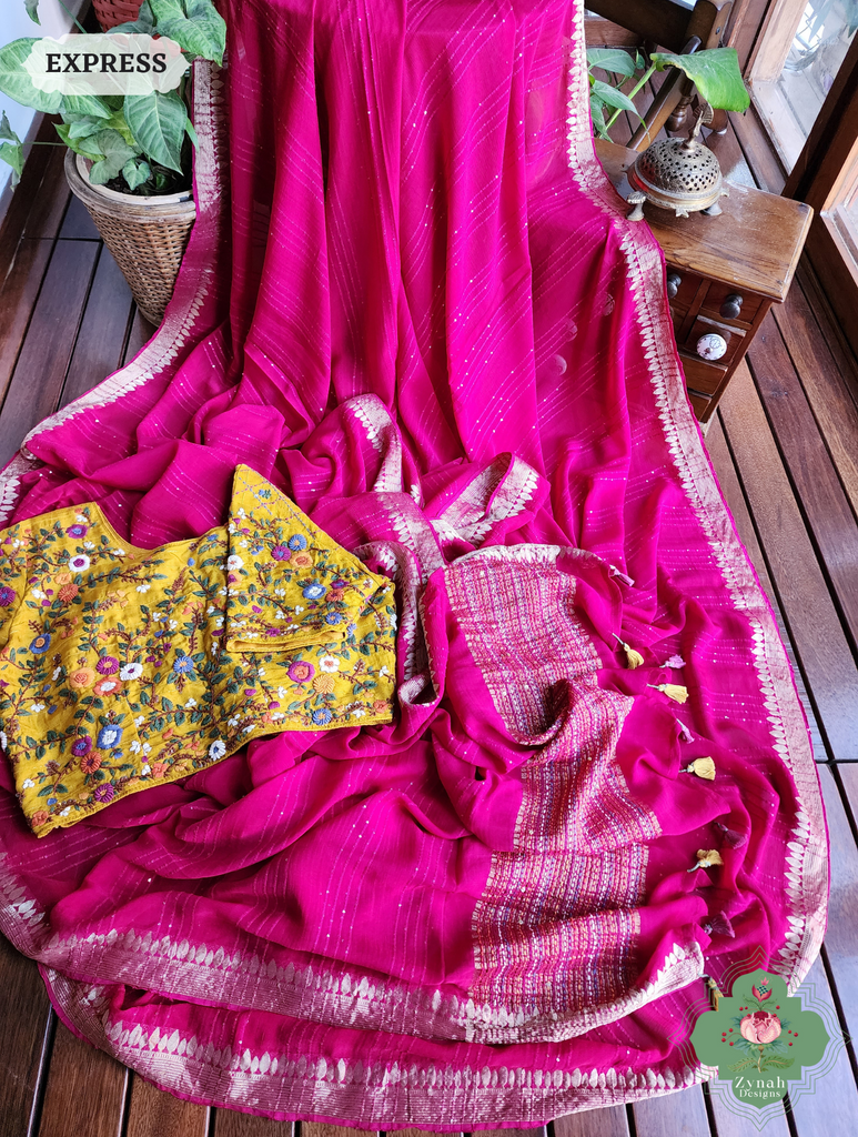 Hot Pink Crepe Silk Saree With Sequins Work, Sleek Border & Kantha Work On Pallu 7