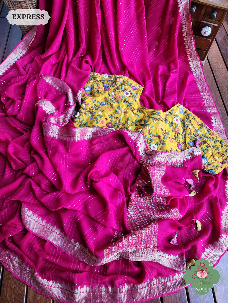 Hot Pink Crepe Silk Saree With Sequins Work, Sleek Border & Kantha Work On Pallu 8