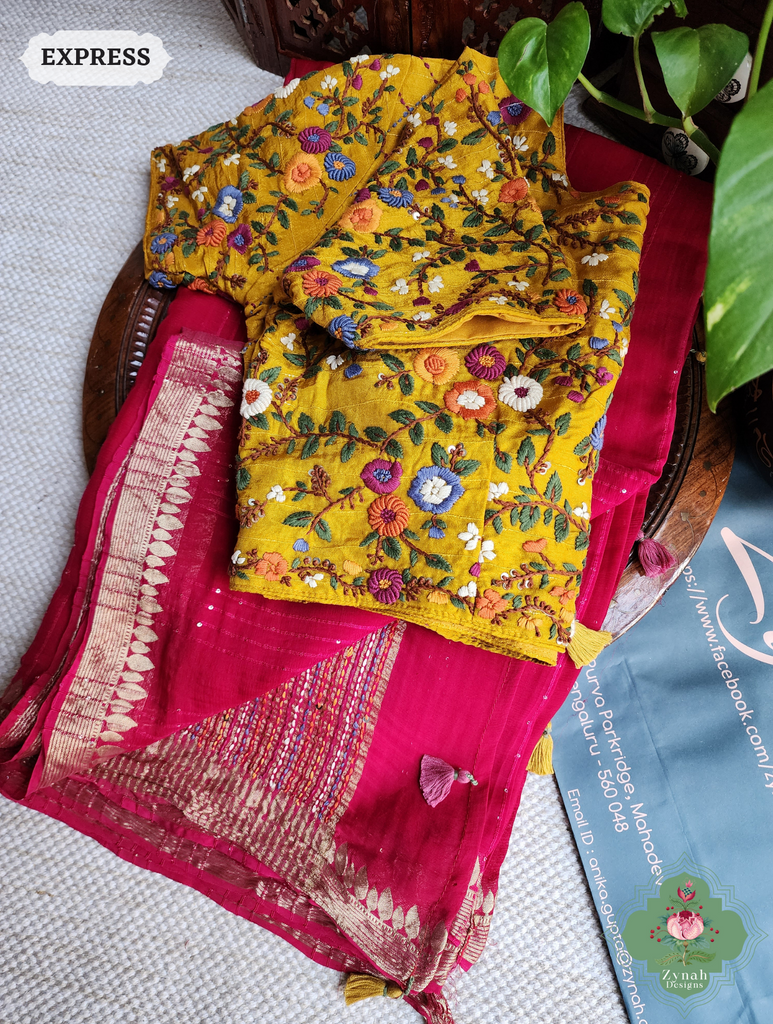 Hot Pink Crepe Silk Saree With Sequins Work, Sleek Border & Kantha Work On Pallu 9