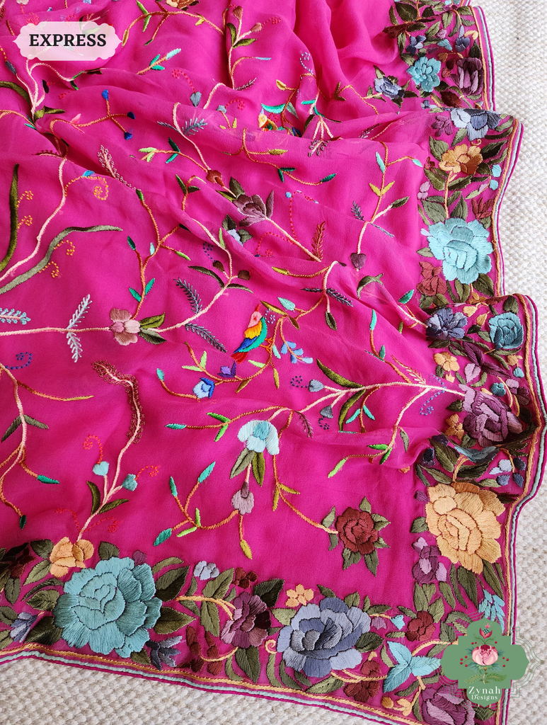 Hot Pink Georgette Hand Embroidered Parsi Gara Saree 10
