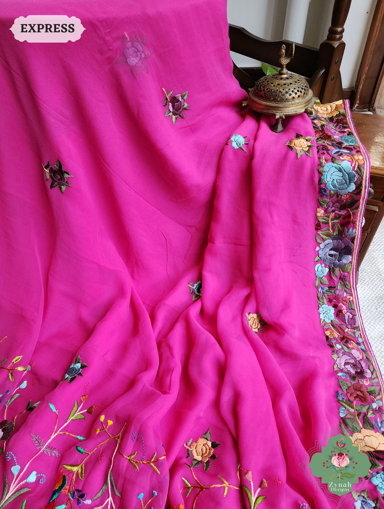 Hot Pink Georgette Hand Embroidered Parsi Gara Saree 11