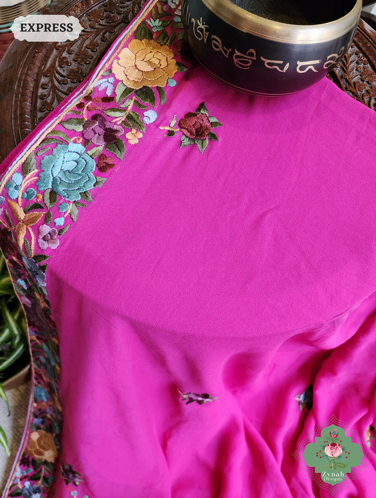 Hot Pink Georgette Hand Embroidered Parsi Gara Saree 12