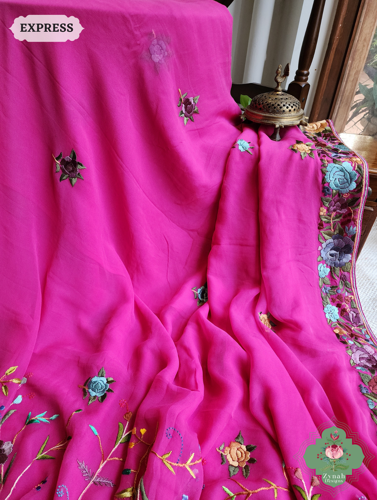 Hot Pink Georgette Hand Embroidered Parsi Gara Saree 13