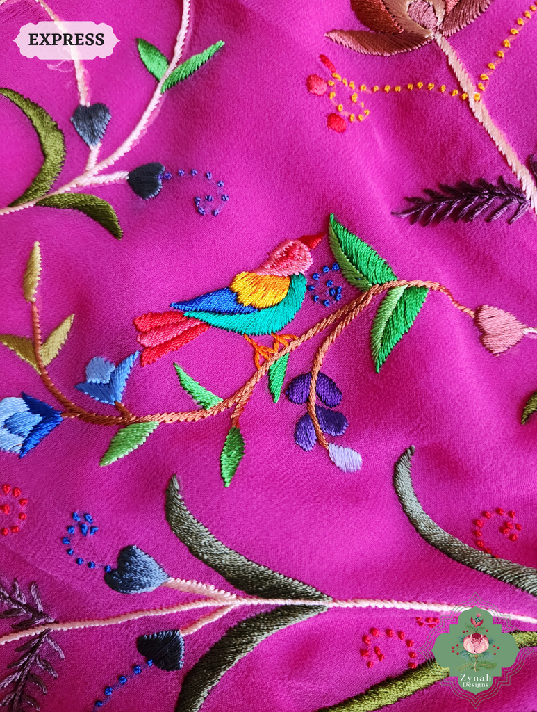 Hot Pink Georgette Hand Embroidered Parsi Gara Saree 14