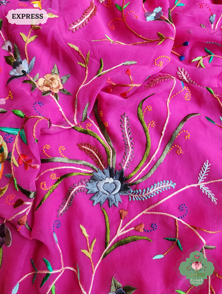 Hot Pink Georgette Hand Embroidered Parsi Gara Saree 15