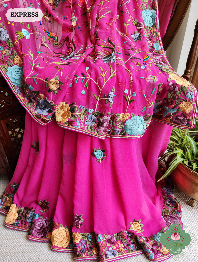 Hot Pink Georgette Hand Embroidered Parsi Gara Saree 3