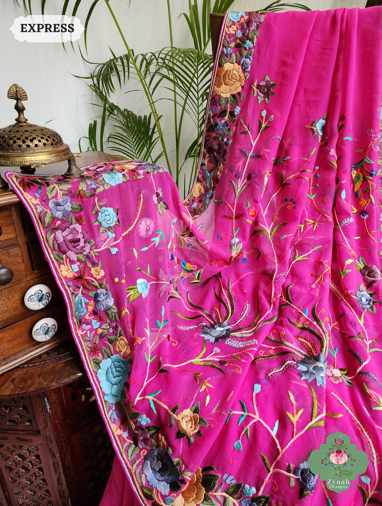 Hot Pink Georgette Hand Embroidered Parsi Gara Saree 4