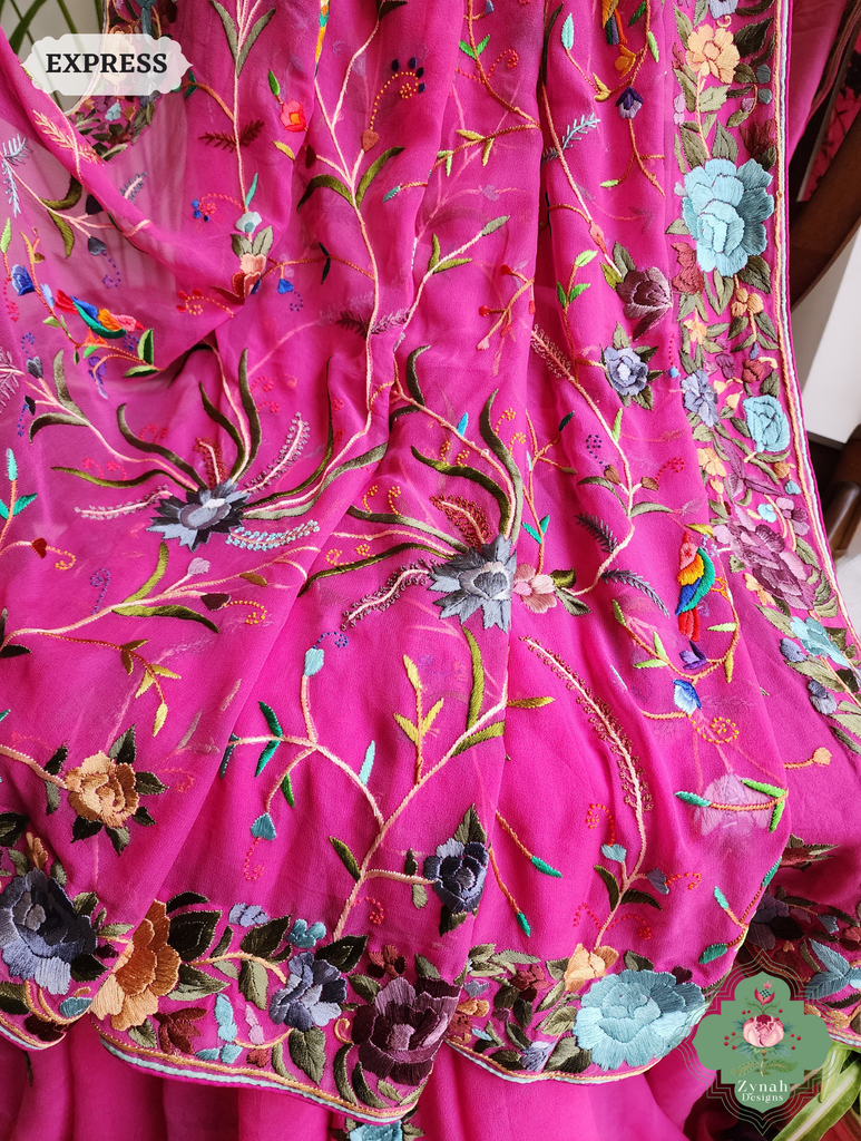 Hot Pink Georgette Hand Embroidered Parsi Gara Saree 5
