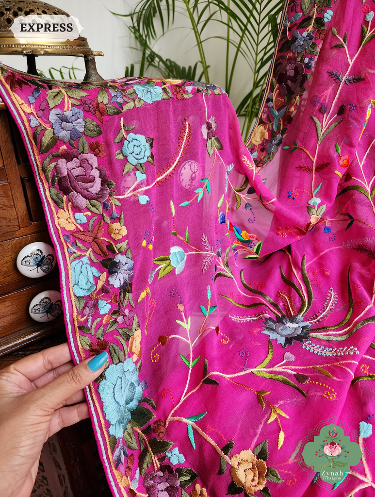 Hot Pink Georgette Hand Embroidered Parsi Gara Saree 6