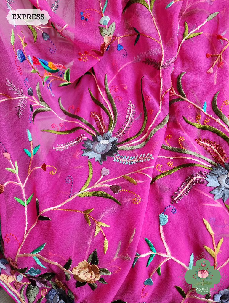 Hot Pink Georgette Hand Embroidered Parsi Gara Saree 7