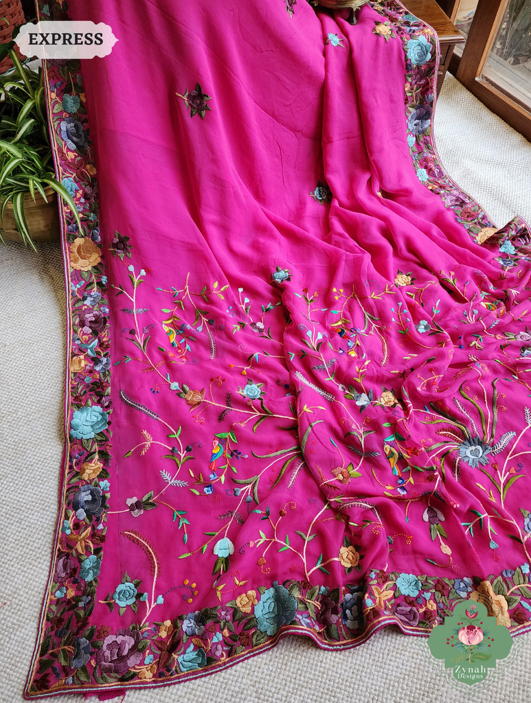 Hot Pink Georgette Hand Embroidered Parsi Gara Saree 8