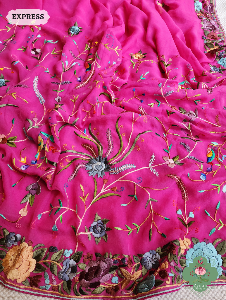 Hot Pink Georgette Hand Embroidered Parsi Gara Saree 9