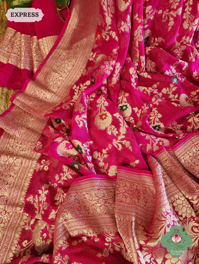 Zynah Hot Pink Pure Khaddi Georgette Banarasi Saree With Meena Work & Zari Woven Border & Pallu; Custom Stitched/Ready-made Blouse, Fall, Petticoat; SKU: 1806202502