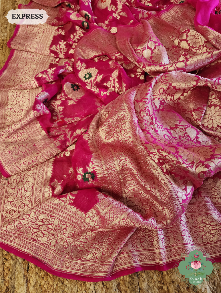 Zynah Hot Pink Pure Khaddi Georgette Banarasi Saree With Meena Work & Zari Woven Border & Pallu; Custom Stitched/Ready-made Blouse, Fall, Petticoat; SKU: 1806202502