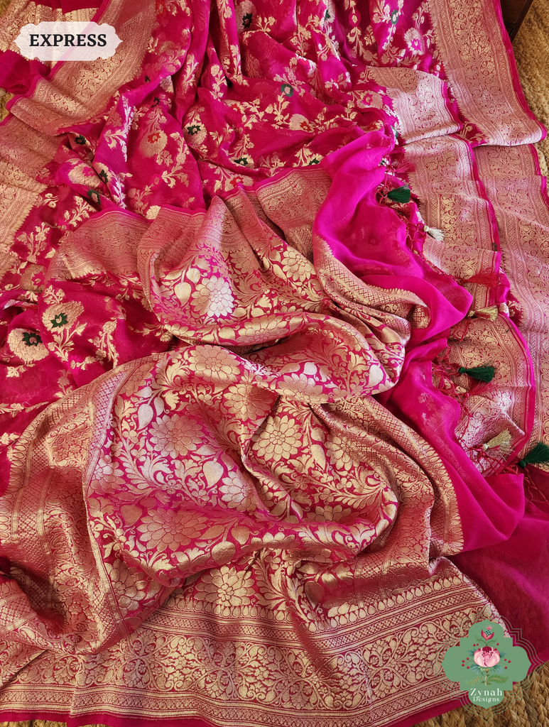 Zynah Hot Pink Pure Khaddi Georgette Banarasi Saree With Meena Work & Zari Woven Border & Pallu; Custom Stitched/Ready-made Blouse, Fall, Petticoat; SKU: 1806202502