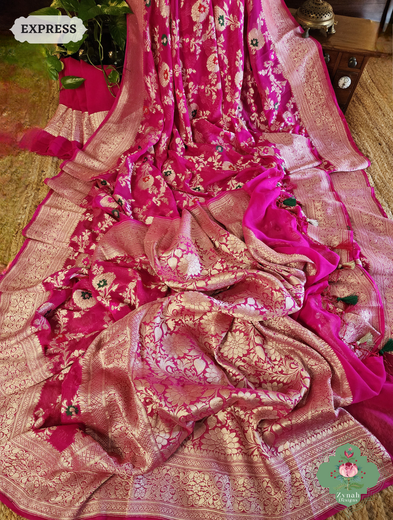 Zynah Hot Pink Pure Khaddi Georgette Banarasi Saree With Meena Work & Zari Woven Border & Pallu; Custom Stitched/Ready-made Blouse, Fall, Petticoat; SKU: 1806202502