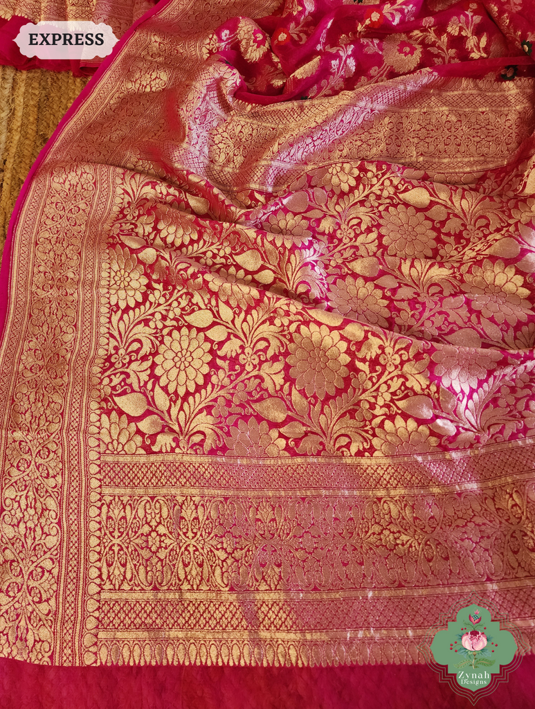 Zynah Hot Pink Pure Khaddi Georgette Banarasi Saree With Meena Work & Zari Woven Border & Pallu; Custom Stitched/Ready-made Blouse, Fall, Petticoat; SKU: 1806202502