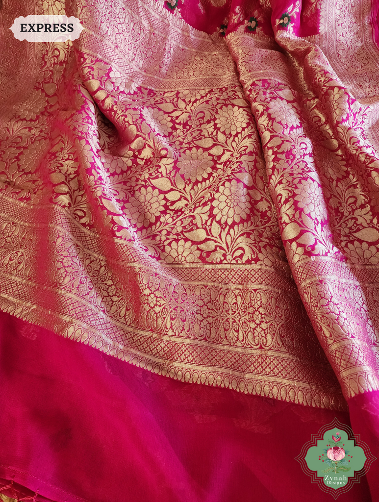 Zynah Hot Pink Pure Khaddi Georgette Banarasi Saree With Meena Work & Zari Woven Border & Pallu; Custom Stitched/Ready-made Blouse, Fall, Petticoat; SKU: 1806202502