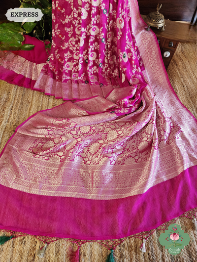 Zynah Hot Pink Pure Khaddi Georgette Banarasi Saree With Meena Work & Zari Woven Border & Pallu; Custom Stitched/Ready-made Blouse, Fall, Petticoat; SKU: 1806202502